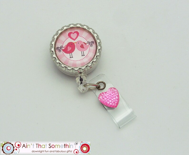 Lovebirds Retractable Badge Reel Valentine Badge Reels Cute Badge Clips Fun ID Holders Gifts Under 10 Designer Badge Reel ID Fun image 1