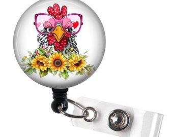 Bobine d'insigne poulet avec lunettes et tournesols - Cadeaux chics pour amateur de poulet pour elle - Tour de cou à la ferme - Bobine d'insigne d'identité pédiatrique pour infirmière - ID