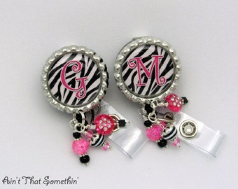 Personalized Zebra -N- Hot Pink Badge Reel - Personalized Badge Reel - Zebra Badge Clips - Beaded Badge Pulls - Diva Name Tag Holders