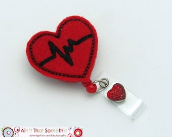 Cardiac EKG Heart Retractable Badge Reel - Felt Heart Badge Clip - Cute ID Badges - Gifts Under 10 - Medical Badge Reels - Heart ID Reels