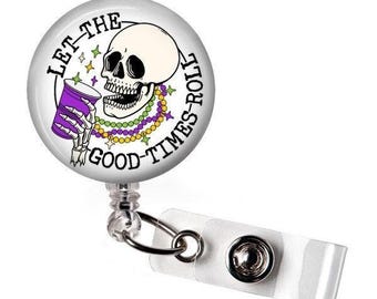 Mardi Gras Let the Good Times Roll Badge Reel - Mardi Gras Party Skull Carabiner Reel - Nurse Holiday Badge Reel Gifts - Cute Fun ID Holder