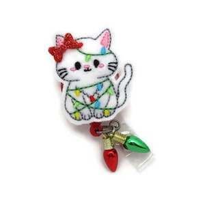 Christmas Cat with Holiday Lights Badge Reel - Cat Lover Nurse Name Badge Holder - Badge Reel Gifts - Holiday Cat Name Tag Lanyard - Cat ID