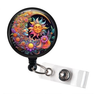 Sun & Moon Celestial Badge Reel - Boho Ying Yang Zodiac Style Moon Phases Badge Reel - Cute Colorful Bohemian Gifts - Nurse ID Badge Reel