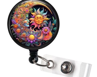 Sun & Moon Celestial Badge Reel - Boho Ying Yang Zodiac Style Moon Phases Badge Reel - Cute Colorful Bohemian Gifts - Nurse ID Badge Reel