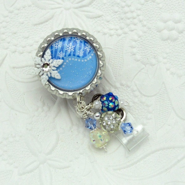 Winter in Blues Retractable Badge Reel - Badge Reel Jewelry - Designer Badge Reels - Pretty ID Holders - Seasonal Badge Clips - ID Reel Gift