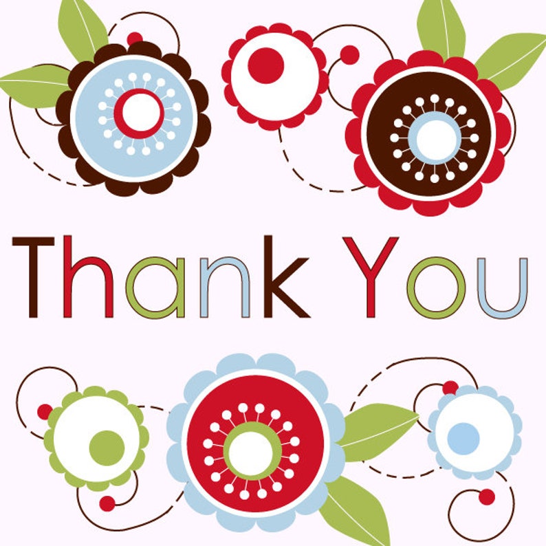 May include: Thank You card with a red, white, and blue floral design. The card features a stylized floral pattern with leaves and swirls.