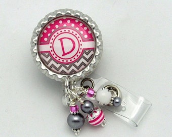 Personalized Hot Pink and Gray Badge Reels - Monogram Badge Clips - Fun ID Holders - Designer Badge Reels - Badge Reel Jewelry - Badge Gifts