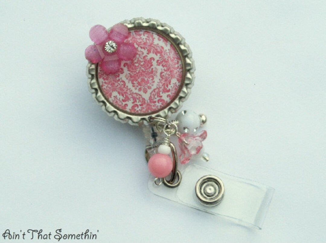 White With Pink Damask Retractable Badge Reel Classic - Etsy