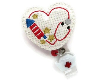 Patriotic Nurse Glitter Heart Badge Reel - 4th of July Badge Reel - Glitter Patriotic Heart Stethoscope Name Badge Reel - Hospital ID Reel