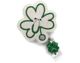 St Patrick's Day Nurse Stethoscope Badge Reel - Lucky Glitter Green Shamrock Medical Badge Reel - St Patty's Day Gifts - Nurse Badge Reels