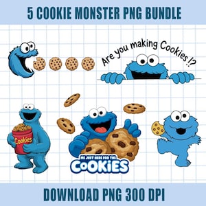 Puede incluir: Un paquete gráfico digital con el Monstruo de las Galletas en varias poses con galletas. El monstruo azul se muestra comiendo, sosteniendo e interactuando con galletas con chispas de chocolate. El texto incluye "Are you making Cookies!?" y "ME JUST HERE FOR THE COOKIES."