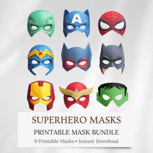 以下が含まれることがあります： キャプテン・アメリカ、スパイダーマン、バットマンなど、9つのカラフルなスーパーヒーローマスクが白い背景に配置されています。マスクは紙製で、さまざまな色があります。下部のテキストには「SUPERHERO MASKS PRINTABLE MASK BUNDLE」と書かれています。
