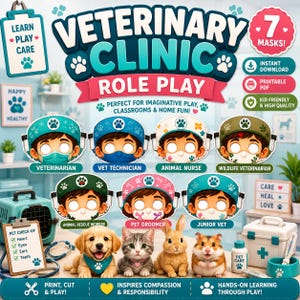 May include: A printable veterinary clinic role play set featuring seven illustrated masks of various animal care roles, including veterinarian and pet groomer. The set includes images of a puppy, kitten, rabbit, and hamster, plus medical accessories.