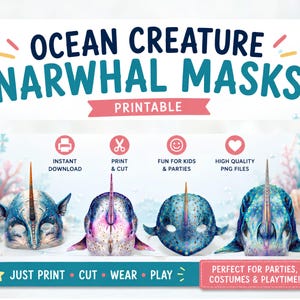 Puede incluir: Cuatro máscaras de narval imprimibles con paletas de colores azul, morado y verde azulado con cuernos prominentes. La imagen incluye el texto: OCEAN CREATURE NARWHAL MASKS, PRINTABLE, INSTANT DOWNLOAD, PRINT & CUT, FUN FOR KIDS & PARTIES, HIGH QUALITY PNG FILES, JUST PRINT, CUT, WEAR, PLAY y PERFECT FOR PARTIES, COSTUMES & PLAYTIME.