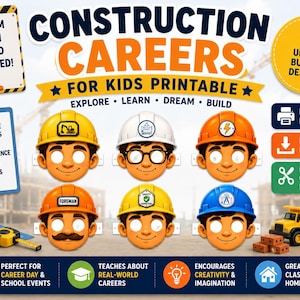 Könnte beinhalten: Ein druckbares Set mit sechs Cartoon-Gesichtern, die verschiedenfarbige Bauhelme mit Symbolen tragen. Der Text umfasst Construction Careers For Kids Printable, Dream Plan Build Succeed und Explore Learn Dream Build, sowie Symbole für PDF- und PNG-Dateien.