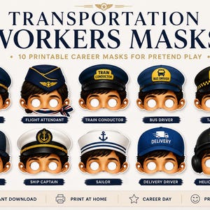 Peut inclure: Un ensemble de 10 masques en papier imprimables représentant divers travailleurs du transport, notamment un pilote, un steward, un chef de train, un chauffeur de bus, un chauffeur de taxi, un routier, un capitaine, un marin, un livreur et un pilote d'hélicoptère.