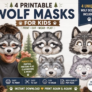 Könnte beinhalten: Ein digitales Set aus 4 ausdruckbaren Wolfsmasken für Kinder mit verschiedenen grau-weißen Fellmustern, Augenausschnitten und spitzen Ohren. Das Bild enthält den Text 4 PRINTABLE WOLF MASKS FOR KIDS, 4 UNIQUE WOLF DESIGNS INCLUDED und PRINT CUT WEAR PLAY.