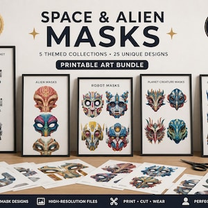 Space Alien Mask Printable Bundle, Robot & Astronaut Masks for Kids, DIY Costume Masks, Galaxy Warrior Party Activity, Halloween PDF