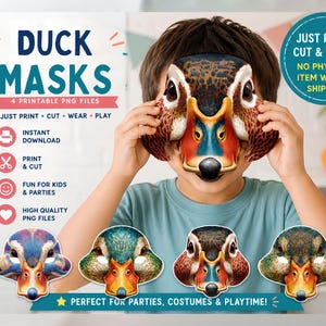 Masque de canard imprimable Costume de canard pour enfants Masque d'animaux de la ferme Masque d'oiseau PDF PNG Jeu de simulation