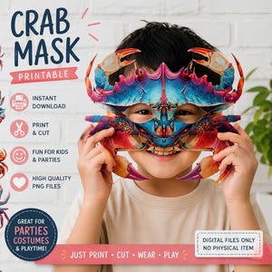 Puede incluir: Una máscara de cangrejo imprimible con colores vibrantes azul, rojo y naranja. El diseño incluye el texto CRAB MASK, PRINTABLE, INSTANT DOWNLOAD, PRINT & CUT, FUN FOR KIDS & PARTIES, HIGH QUALITY PNG FILES y DIGITAL FILES ONLY NO PHYSICAL ITEM.