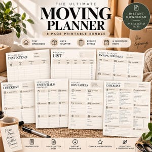 Könnte beinhalten: Ein 8-seitiges, druckbares Umzugsplaner-Set mit Checklisten für Inventar, Packlisten, Raum-für-Raum-Organisation, neue Heim-Essentials, Umzugskarton-Etiketten und eine Checkliste für die erste Nacht in Beige und Schwarz.