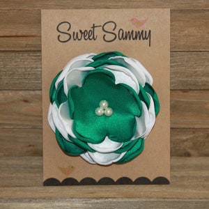 Emerald Green/White Satin Flower Pin, Medium, 34 Colors, Satin Flower Brooch