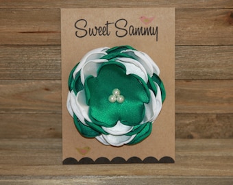 Medium Satin Flower Pin, Emerald Green and White, 34 Colors