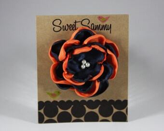 Small Auburn Satin Flower Hair Clip in Navy and Orange