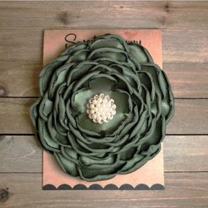 NEW** Olive Satin Flower Pin with Rhinestones & Pearls, Large, Satin Flower Brooch, Olive Brooch
