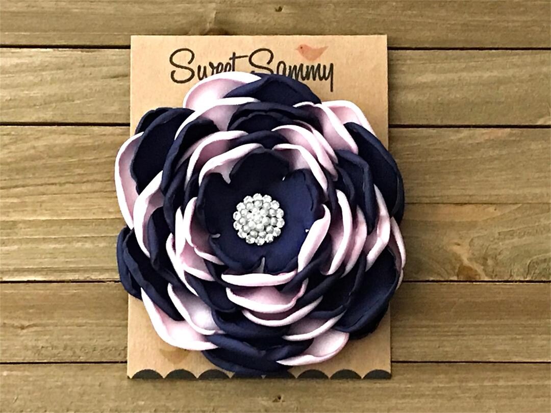 Large Satin Flower Pin, Navy and Light Pink Satin Flower, Satin Flower