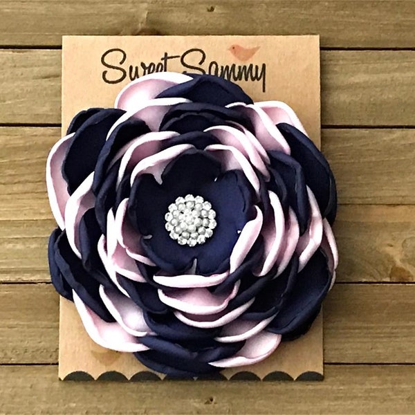 Large Satin Flower Pin, Navy and Light Pink Satin Flower, Satin Flower Pin, 34 Colors, Rhinestone & Pearl Centerpiece