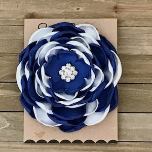 Royal Blue/White Satin Flower Pin with Rhinestones, Large, 34 Colors, Satin Flower Brooch