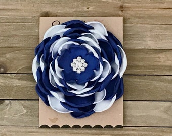 34 Colors Large Satin Flower Pin, Royal Blue and White Satin Flower Pin with Rhinestones