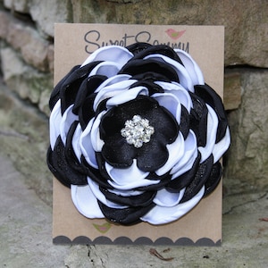Black/White Satin Flower Pin, Large, 34 Colors Satin Flower Pin, Black and White Satin Flower Brooch with Rhinestones