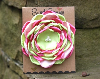Large Pink/Light Pink/Lime Green Satin Flower Pin, 34 Colors, Flower Brooch, AKA