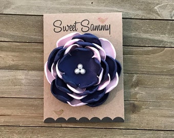 Medium Navy & Light Pink Satin Flower Pin, 34 Colors, Flower Brooch