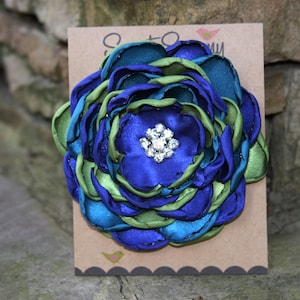 Royal Blue/Peridot/Teal Satin Flower Pin, Large, 34 Colors Satin Flower Brooch