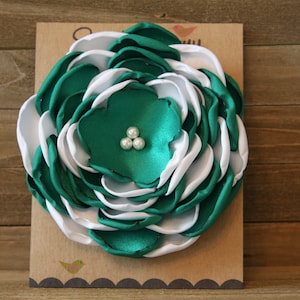 Emerald Green/White Satin Flower Pin, Large, 34 Colors Satin Flower Pin, Emerald Green and White Flower Brooch