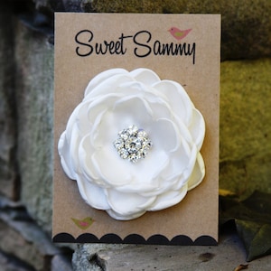 Ivory Cream Satin Flower Pin, Medium, 34 Colors Satin Flower Pin, Ivory Cream Satin Flower Brooch with Rhinestones