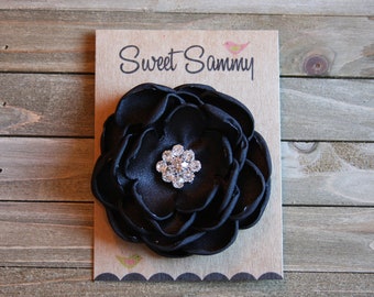 34 Colors Medium Satin Flower Pin, Black Satin Flower Pin with Rhinestones