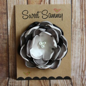 Silver/Dark Gray/Black Satin Flower Pin, Medium, 34 Colors Satin Flower Pin, 3 Color Satin Flower Pin, Flower Brooch