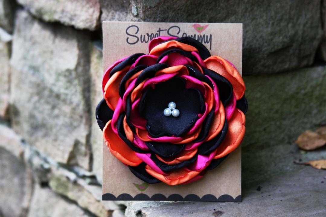 34 Colors Large Satin Flower Pin, Black/fuchsia/orange Satin Flower Pin