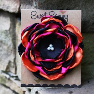 Black/Fuchsia/Orange Satin Flower Pin, Large, 34 Colors, Satin Flower Brooch