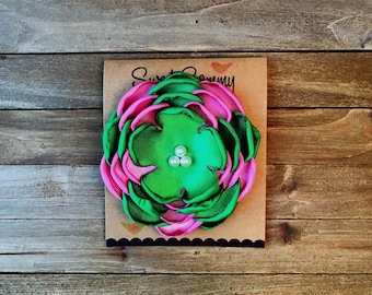 Medium Satin Flower Pin, Pink and Green Satin Flower Pin, AKA, 34 Colors, Flower Brooch