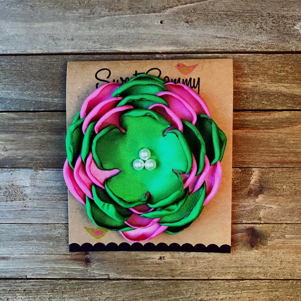 Medium Satin Flower Pin, Pink and Green Satin Flower Pin, AKA, 34 Colors, Flower Brooch