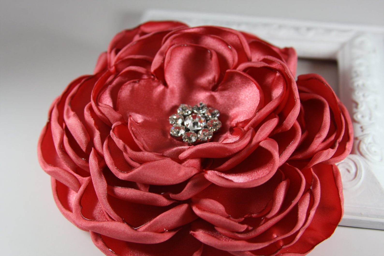 Wedding Satin Flower Pin in Coral With Crystals 34 Colors Etsy