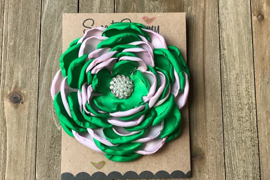Large Satin Flower Pin, Green and Light Pink Satin Flower, Satin Flower