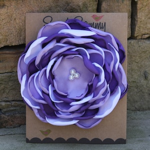 Purple/Lavender/White Satin Flower Pin, Large, 34 Colors Satin Flower Pin, Purple/Lavender/White Satin Flower Brooch