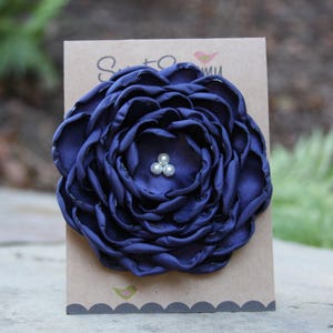 Navy Satin Flower Pin, Large, 34 Colors, Satin Flower Brooch