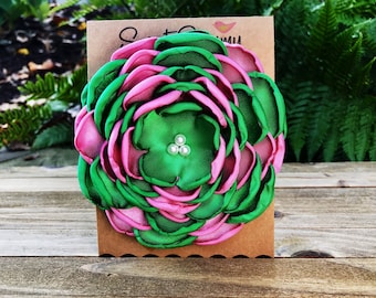 Large Satin Flower Pin, Green and Pink Satin Flower, Satin Flower Pin, AKA, 34 Colors, Flower Brooch